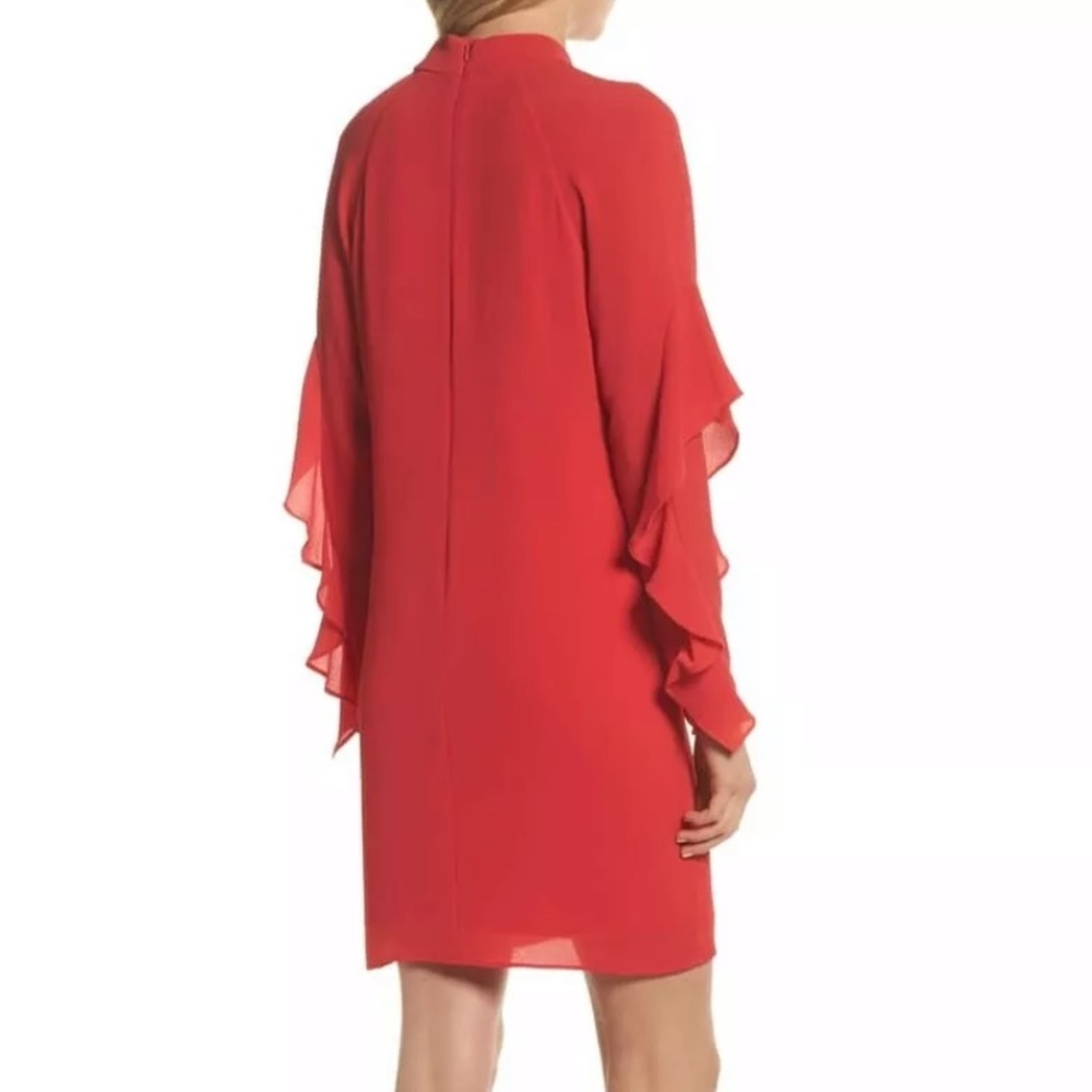 💥 SOLD💥Maggy London Ruffle Sleeve Mock Neck Red Cocktail Dress 10 - Picture 2 of 11